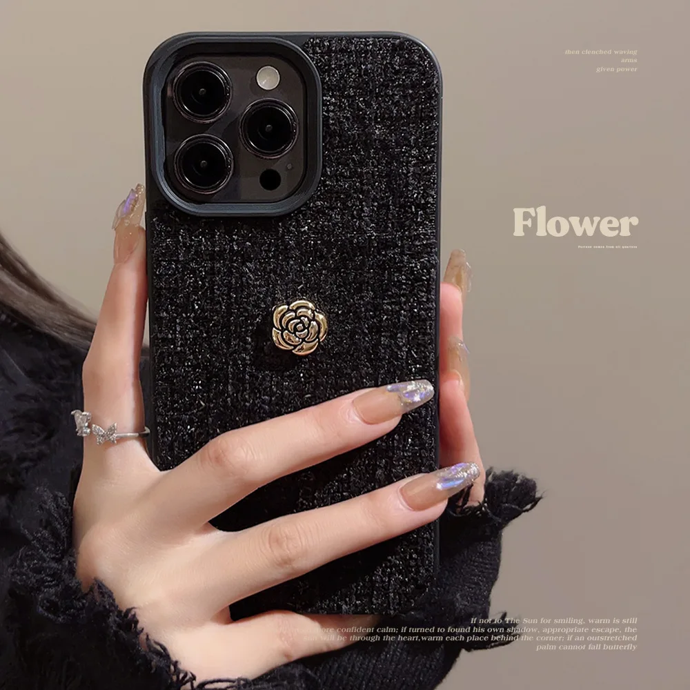 Luxury 3D Golden Camellia Flowers Phone Case For iPhone 17 Air 16 15 14 13 12 11 Pro Max Woolen Tweed Fabric Shockproof Cover - view 2