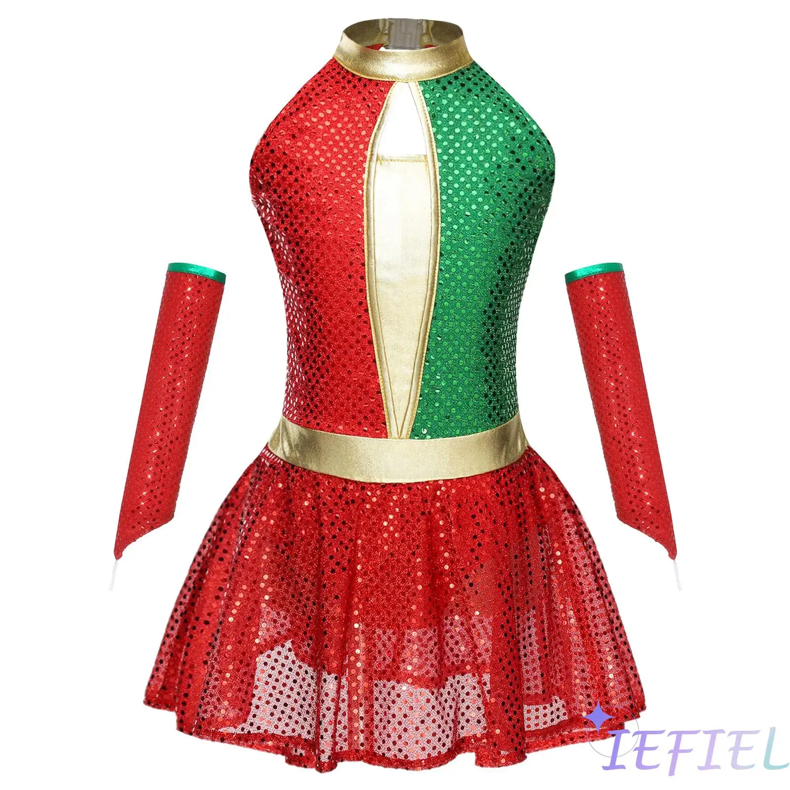 

Kids Girls Xmas Princess Dress Sequin Stripes Bowknot Mesh Tutu Leotard Dress with Oversleeves for Christmas Carnival Dress Up