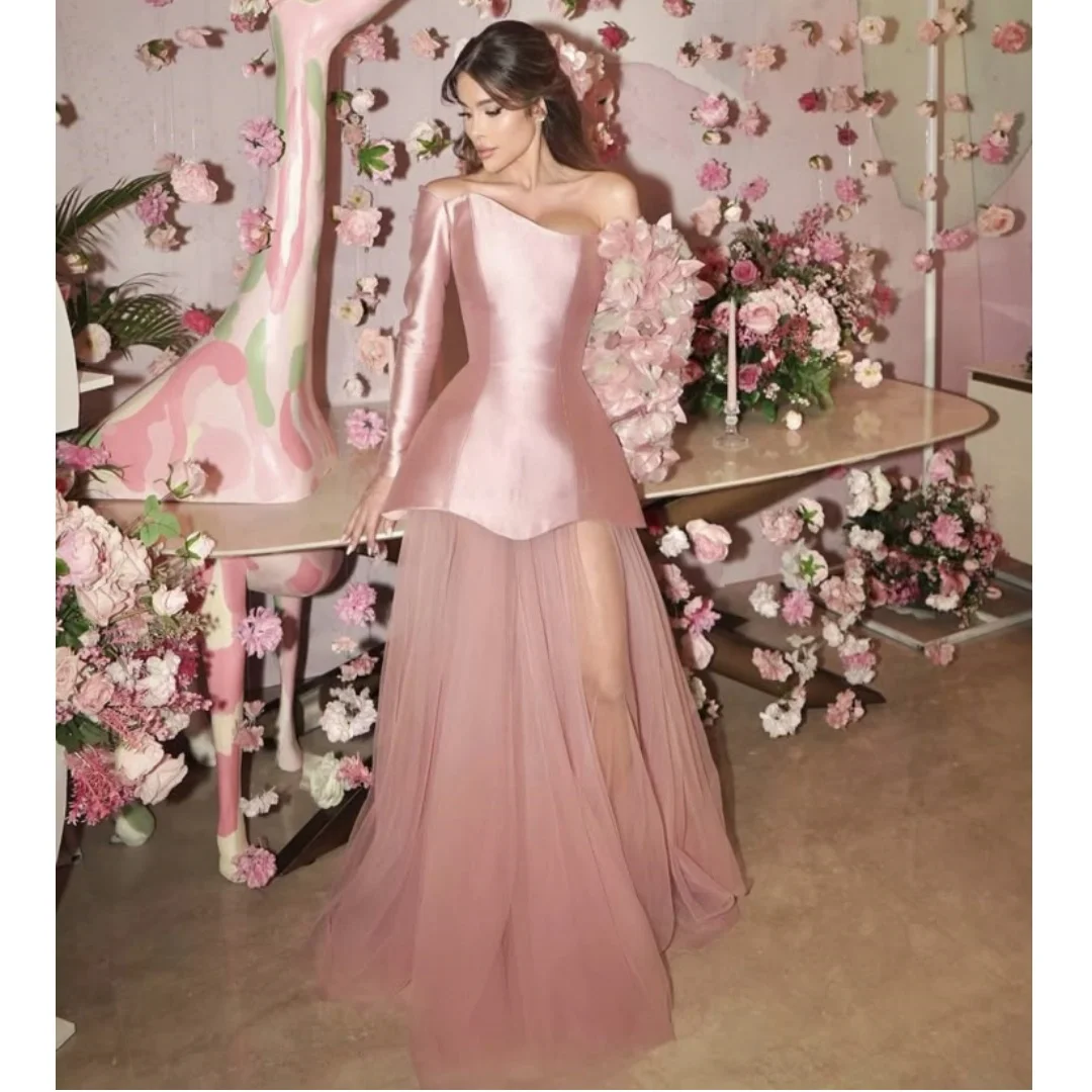 

Pink Flowers Evening Dresses Woman Elegant vestidos de noche One Shoulder Satin Prom Dress with Slit Chic Party Gown Customized