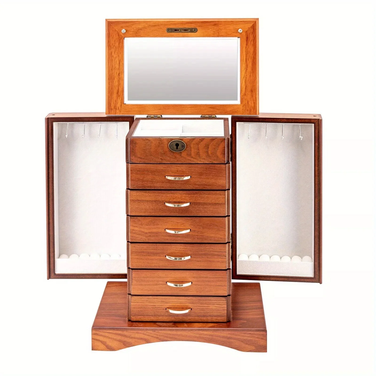 กล่องใส่เครื่องประดับไม้ 7 ชั้น พรีเมียม พร้อมกุญแจและกระจก ความจุขนาดใหญ่ บุด้วยกำมะหยี่ สำหรับผู้หญิงและเด็กผู้หญิง ใส่สร้อยคอ แหวน ต่างหู