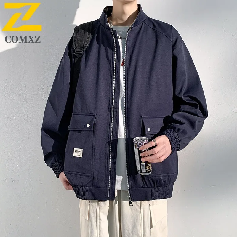

COMXZ 2025 Мужская куртка больших размеров, осенняя клетчатая куртка с воротником-стойкой, легкая ветрозащитная минималистичная верхняя одежда для путешествий и пешего туризма, свободное пальто