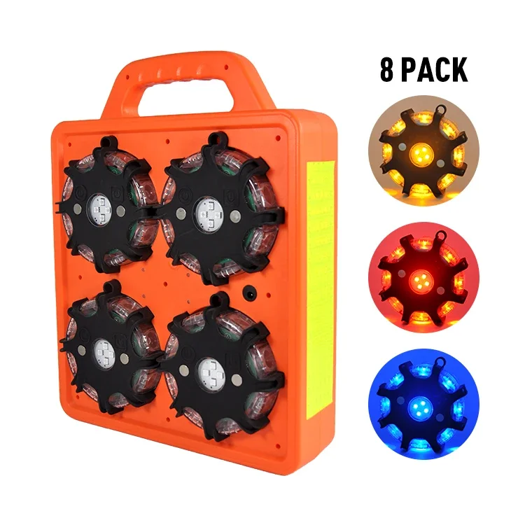 8 Pack Synchronized Red Blue Green LED Flash Road Vehicle Safety Warning Magnetic Strobe Flares Emergency Lights for Car