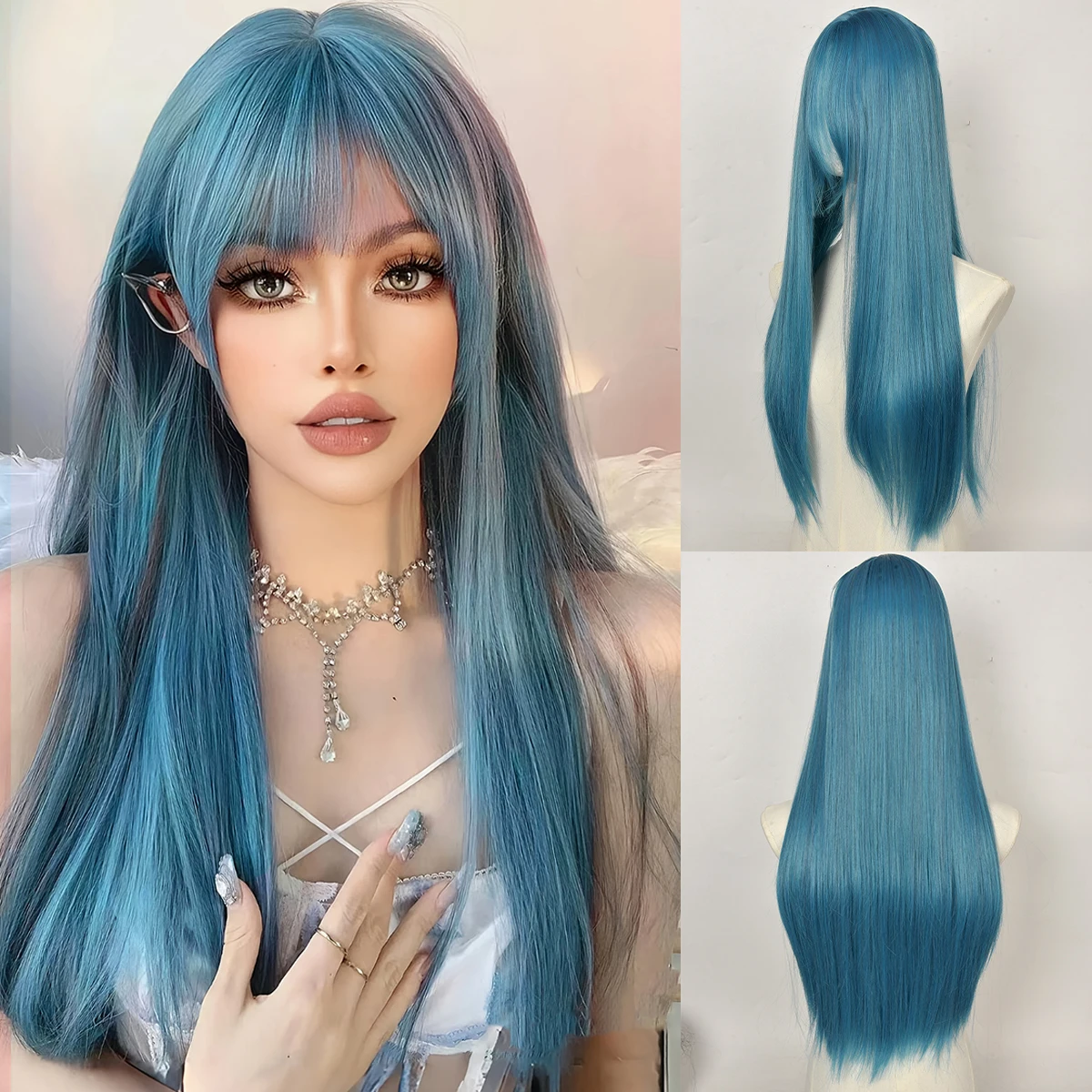 

27-inch synthetic peacock blue long straight headgear wig woman Lolita hairstyle elegant holiday cosplay wig