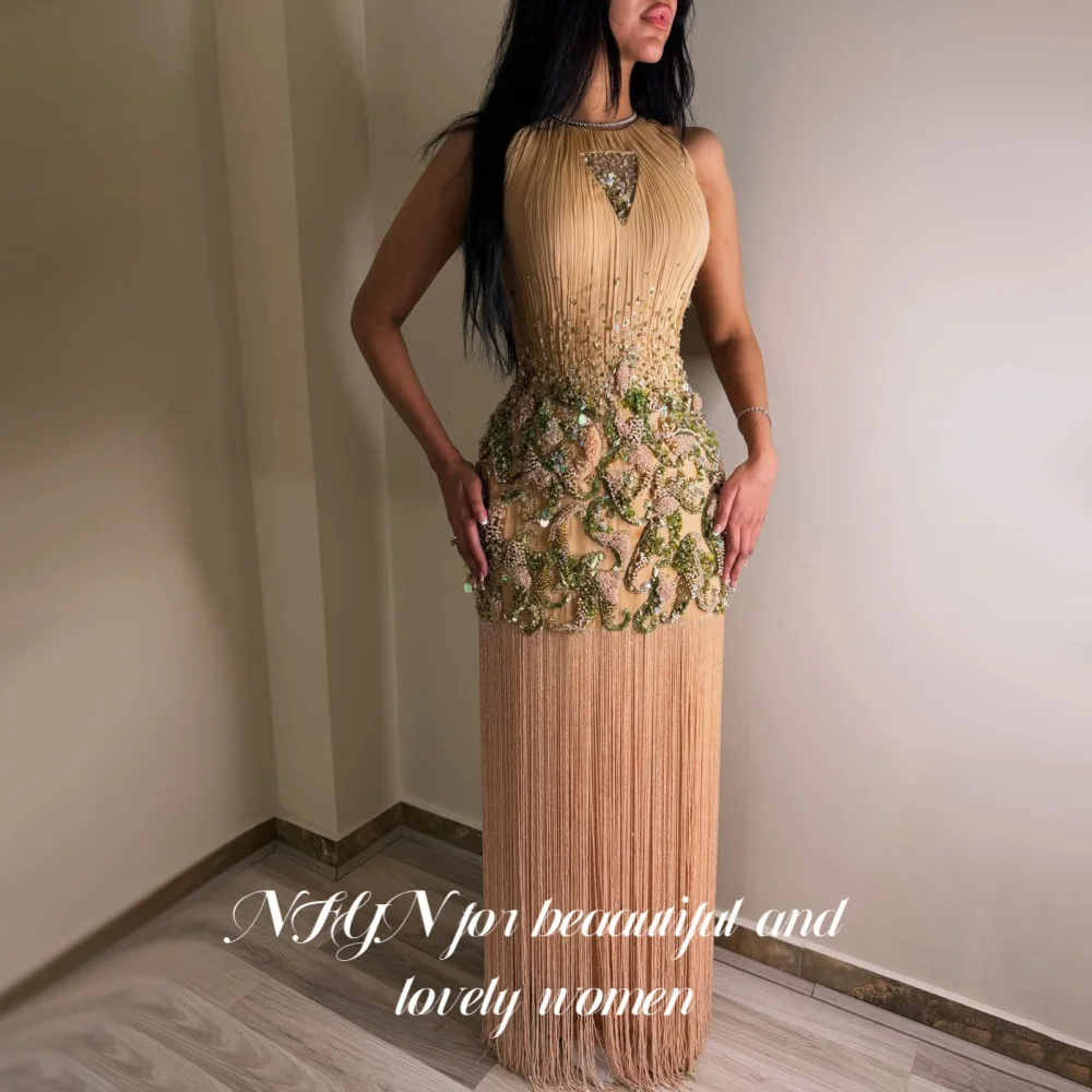 NFYN Champagne Sheath Prom Dress Halter Rhinestone Beaded Evening Gown 3D Floral Long Fringe Luxury Full Party Dress Customized 4