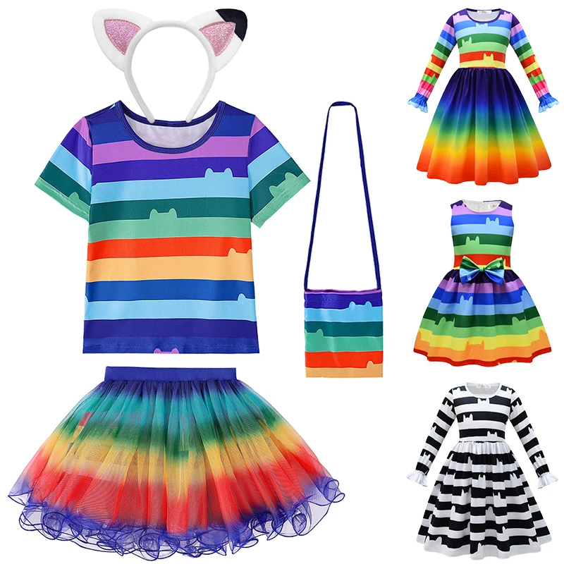 تي شيرت قوس قزح للفتيات من Gabby فستان مخطط توتو ، أزياء للهالوين ، مطبوع عليه قطة ، ملابس لحفلات أعياد الميلاد ، ملابس للكريسماس