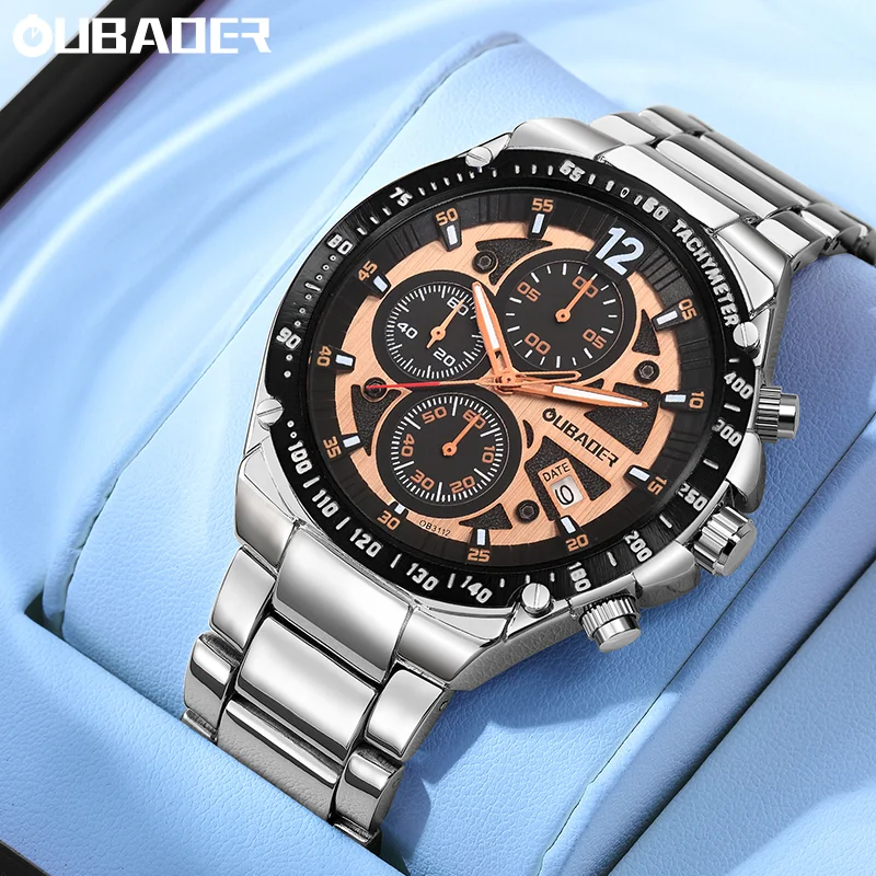 OUBAOER Man Classic Stainless Steel Band Jazz Multi-function Watch Wide Balanced Dial Lightweight Watch Calendar Fashion Clock