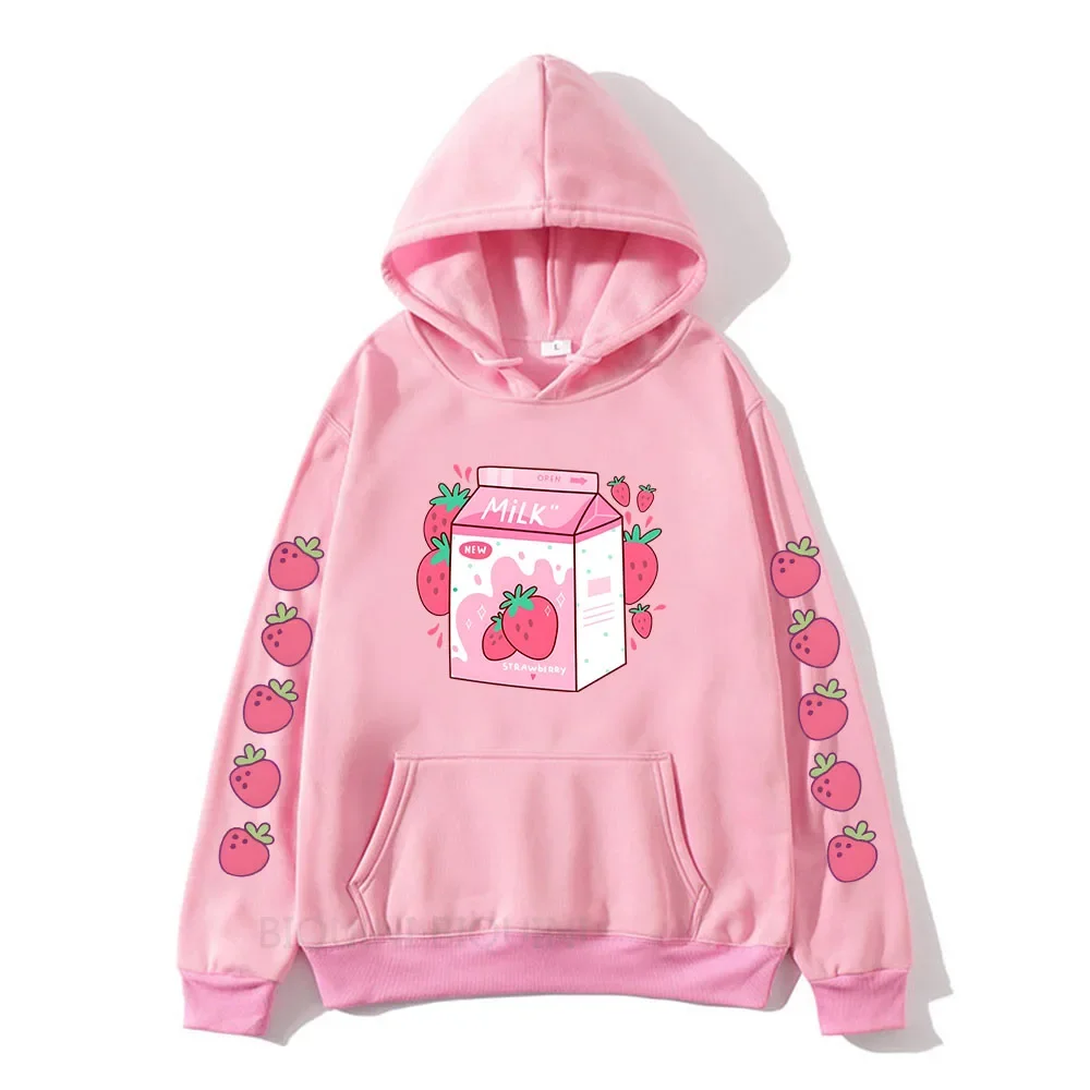 Cartoon Strawberry Milk Cute Printed Clothing Women Hoodies Plus Size Sweatshirt Aesthetic Trendy Female Winter Warm Streetwear