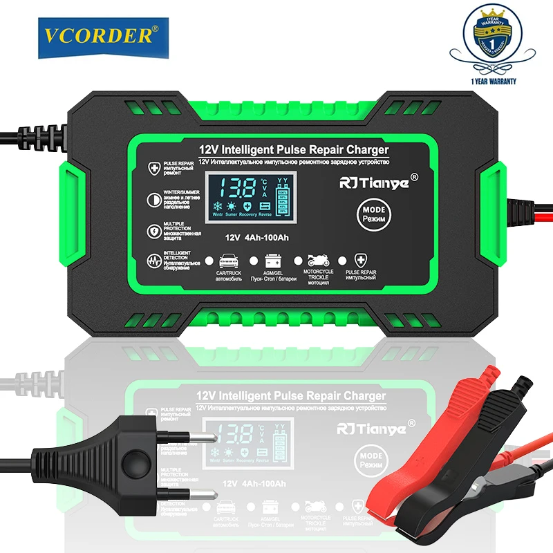 12V 6A Auto Motorcycle Battery Charger Intelligent Digital Display Pulse Repair Charger Fast Charging AGM Deep Cycle Battery