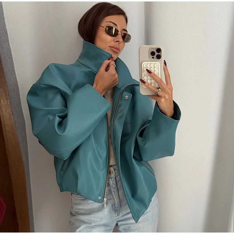 Women's Solid Faux Leather Jacket Stand Collar Zippers Long Wide Sleeves Cropped Coats 2026 Autumn Fashion All-match Streetwears