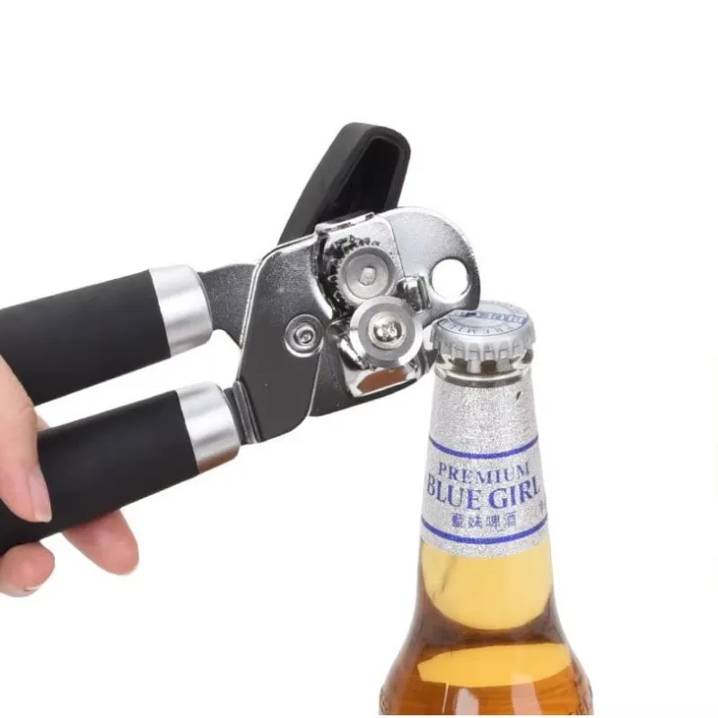 Ouvre-bocal de cuisine multifonction 2 en 1, bouton à rotation facile, ouvre-bouteille de bière portatif en acier inoxydable, ouvre-boîte manuel à bord lisse
