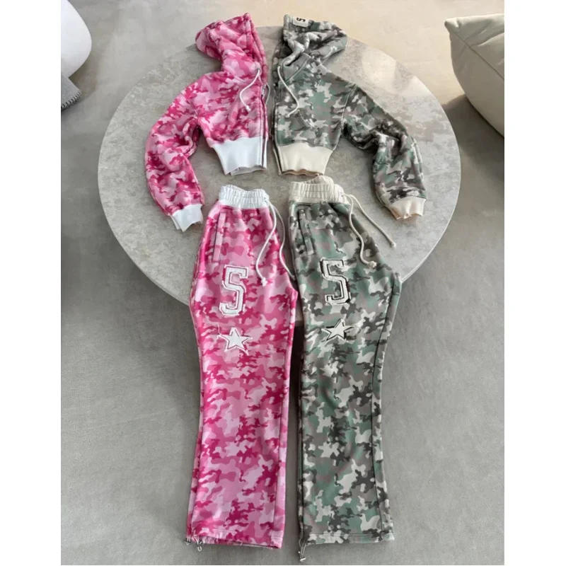 

Fashion Y2K Sportswear Two Piece Suit Womens Hip Hop Pink Camouflage Short Waist Hugging Slim Hoodie Casual Loose Sports Pants