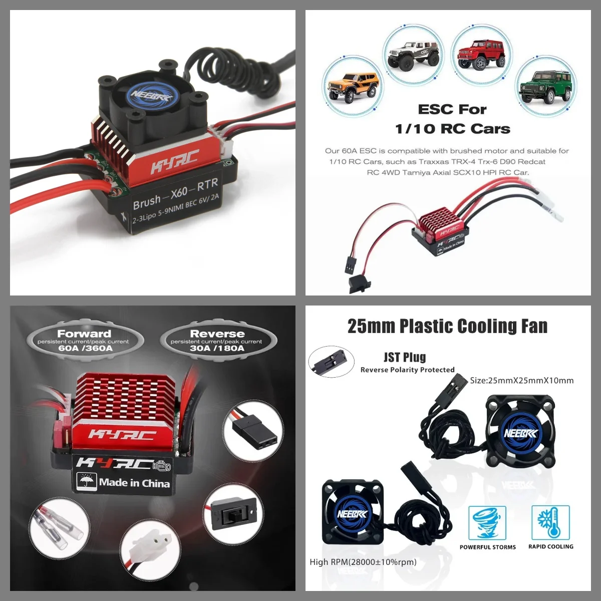 

NEEBRC 320A ESC с щетками, контроллер скорости 60A, BEC 5В/2А с 25-мм вентилятором охлаждения для радиоуправляемых моделей 1/10 (автомобили, лодки), моторы 540 550, запчасти для SCX10 Axial