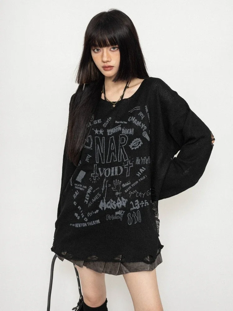 

Gothic Knitted Pullover Women Punk Vintage Y2k Long Sleeve Sweaters Black Grunge Hollowed Out Letters Sweaters Street
