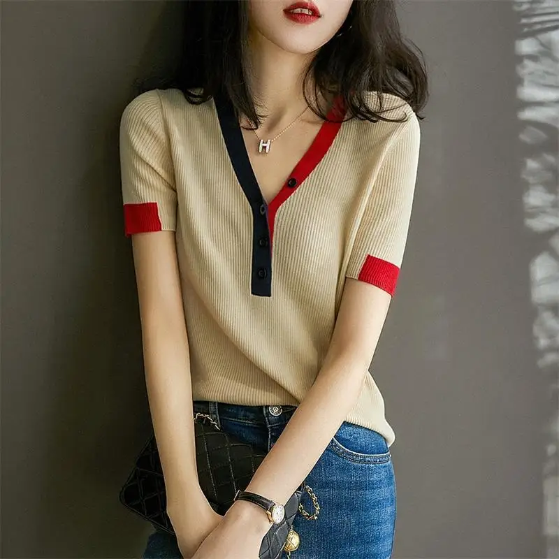 

French Style Vintage Summer Ice Silk Thin Style Women's V-Neck Button Contrast Color Fashion Casual Loose Short Sleeve Knit Tops
