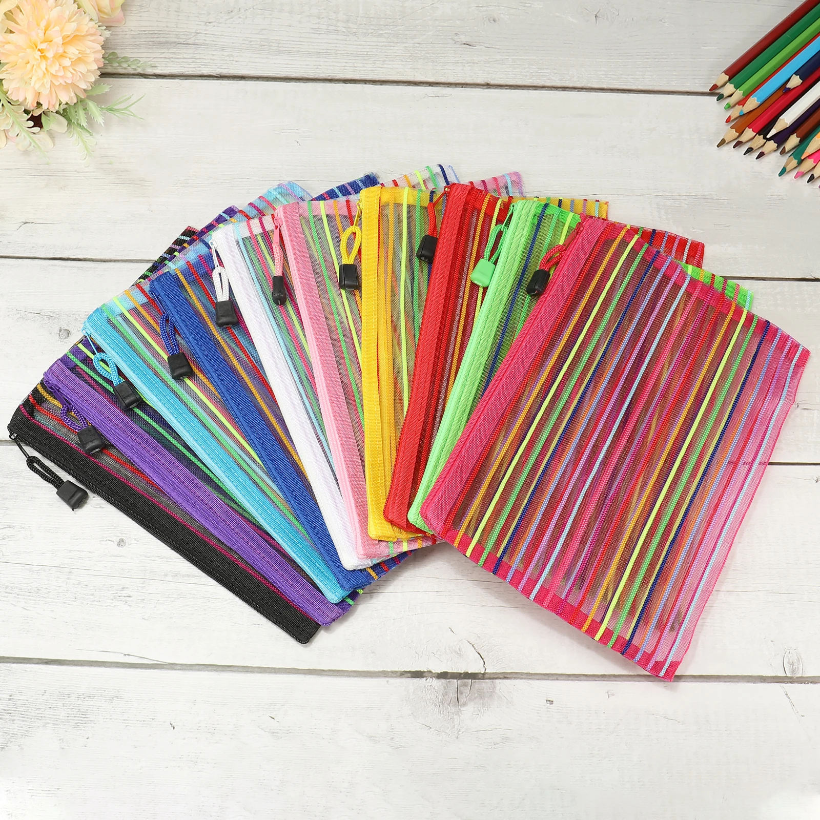 10 قطعة A4 A5 B6 قوس قزح اللون أكياس الملفات النايلون شبكة حقيبة مستندات مقلمة متعددة الأغراض حقيبة التخزين اللوازم المكتبية المدرسية