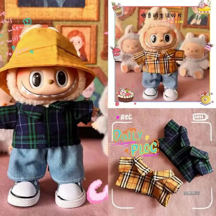 Labubu 15cm/17cm Doll Clothing Sitting Party Clothing Accessories Casual Checkered Shirt Doll Teddy Bear Toy Clothing