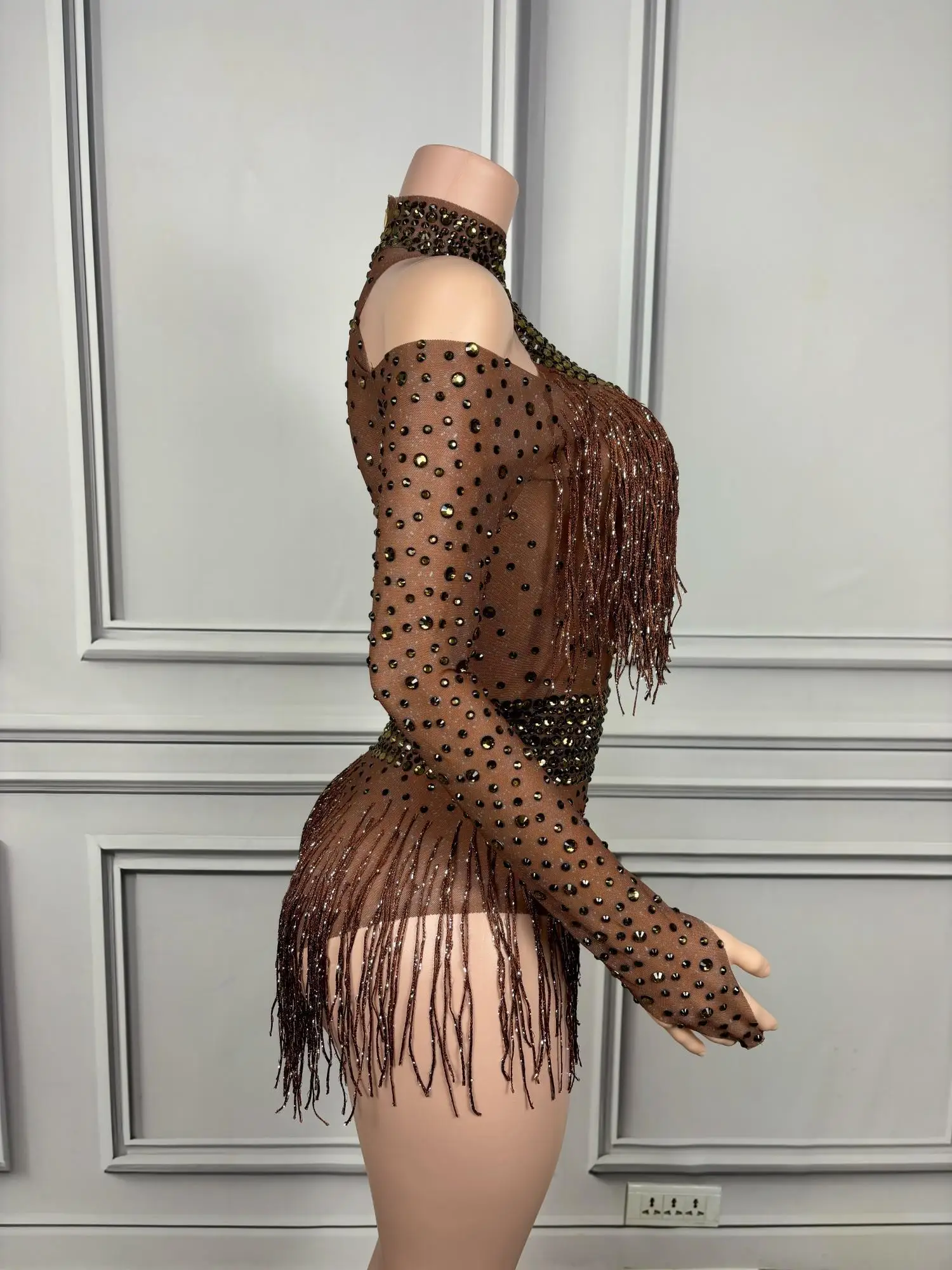 Strass brilhantes borla manga comprida bodysuit feminino elastano desempenho traje clube cantor dançarino mostrar sexy bodysuit nvtuan