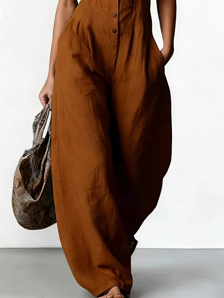 

Summer Elegant V-neck Party Jumpsuit Women Casual Sleeveless Pocket Solid Color Party Romper Fashion Button Linen Playsuits