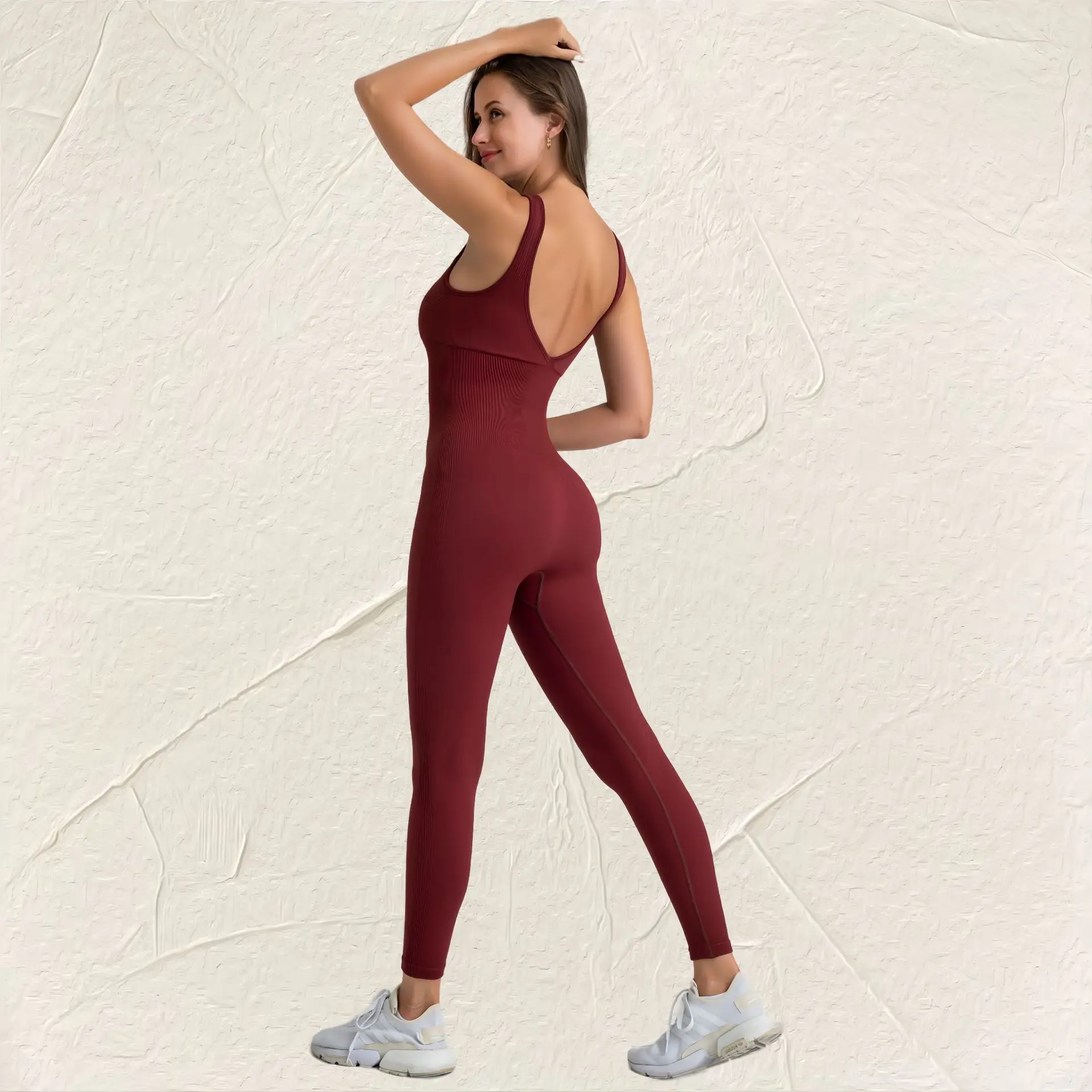 Spring and autumn seamless jumpsuit women elastic tight quick dry yoga clothes after V running sports fitness clothes