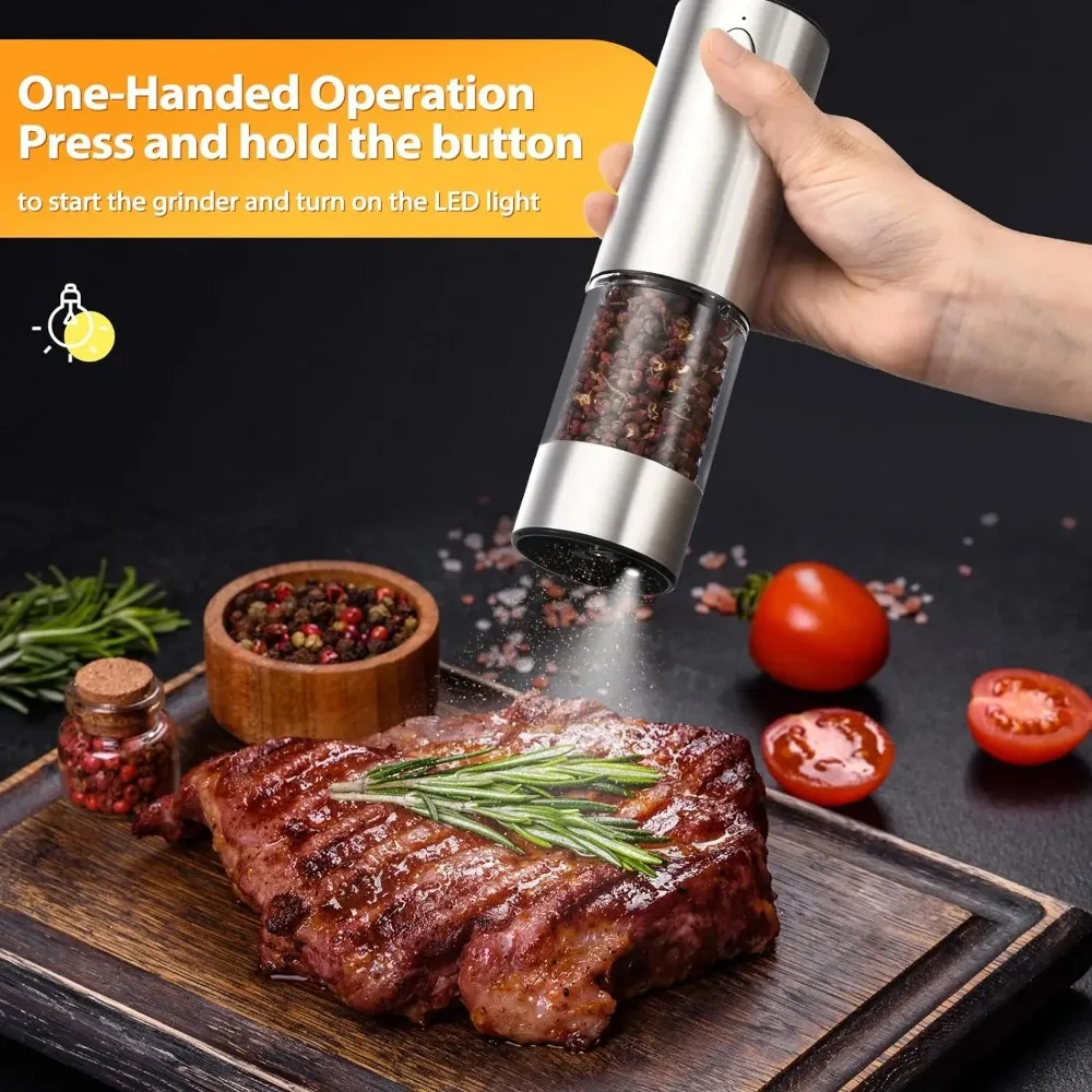 Electric Salt and Pepper Grinder Set, USB Rechargeable, Adjustable Coarseness, Large Capacity, Auto Grinders with LED Light