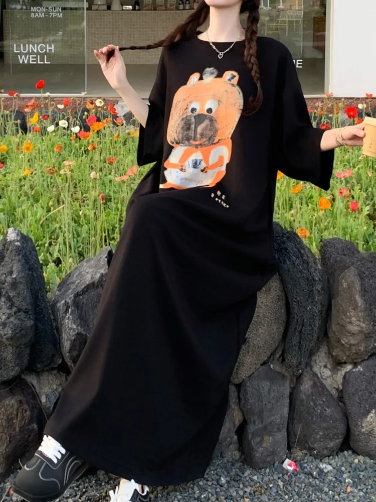 ルーズカジュアル韓国スタイル半袖 Tシャツドレス女性のロングサマードレスルーズスリットラウンドネックミディレディースドレス