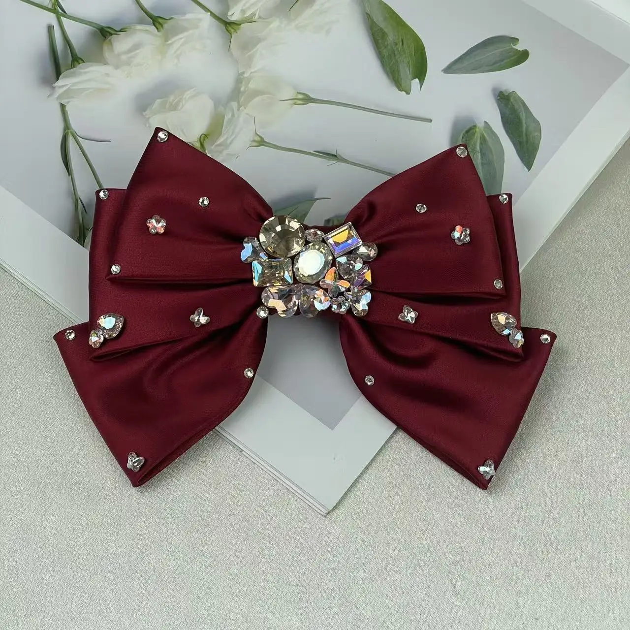 

Сверхмощная трехслойная атласная заколка для волос в корейском стиле со стразами, аксессуар для волос с бантом, верхняя заколка, пружинный зажим