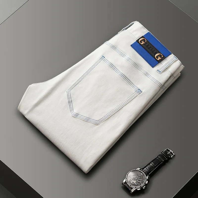 2025 Spring/Summer Light Luxury Jeans Men's Solid Color Fashion Versatile Slim fit Small Straight Stretch High end Denim Pants