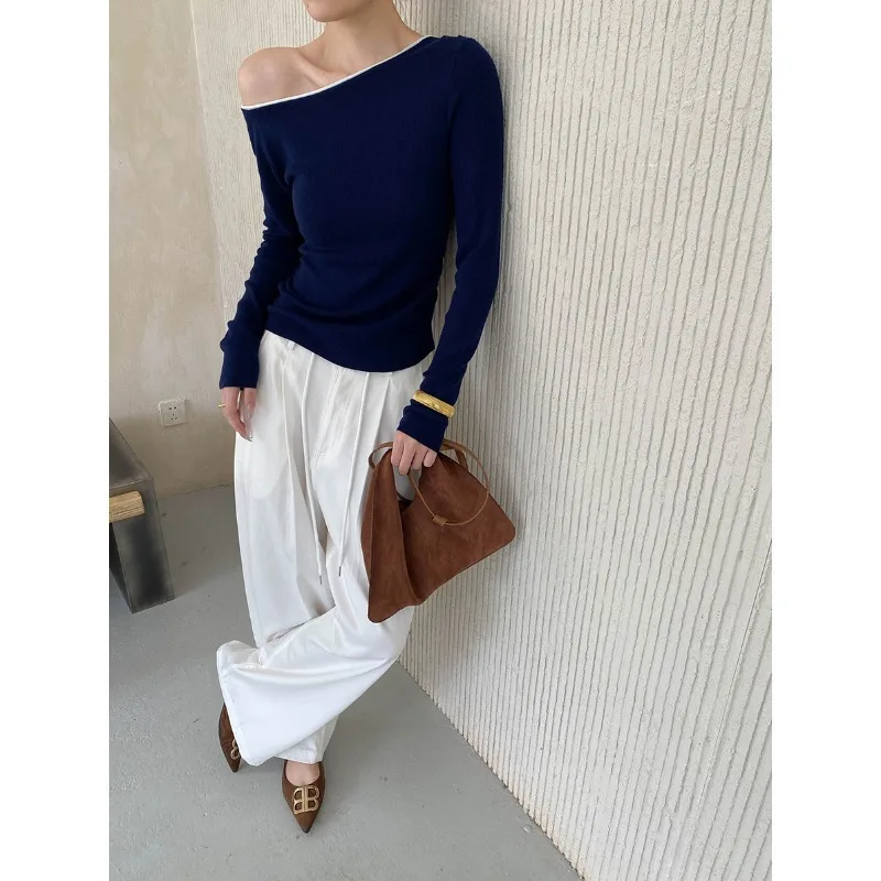 Gestrickte Frauen Pullover Jumper Solide Pullover Slash Neck Langarm Taille Cinched Schlank Büro Dame Casual Frühling Herbst 2025,