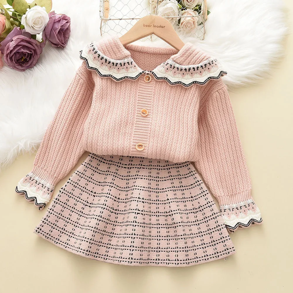 

Winter Baby Girls Christmas Clothes Vintage Knit Sweater Knit Cardigan Doll Collar Lace Sweater Striped Skirt 2pcs 2-6 Y