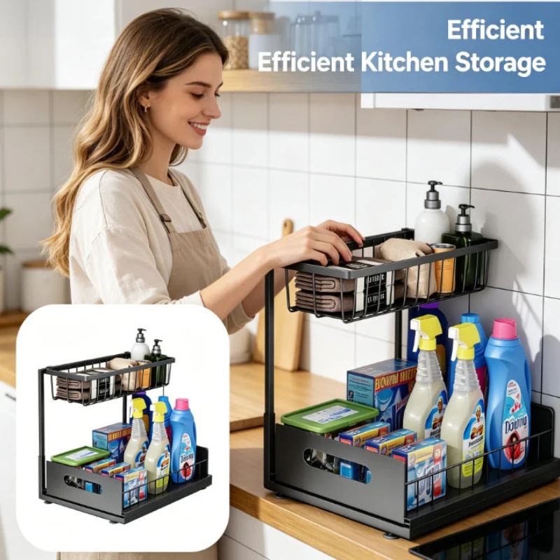 Panier de rangement extensible à double couche pour sous l'évier, organisateur de placard de cuisine, outil de rangement pour maximiser l'organisation des espaces inutilisables