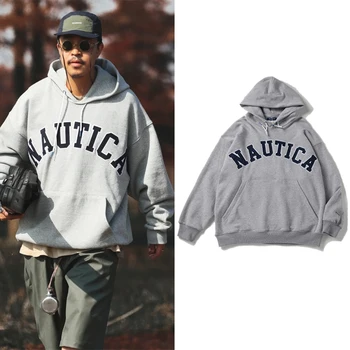 NAUTICA 일본식 헤비 480g 롱 밸리 리버 감독 편지 자수 후드 티셔츠 남성용 루즈 피트 후드 자켓 