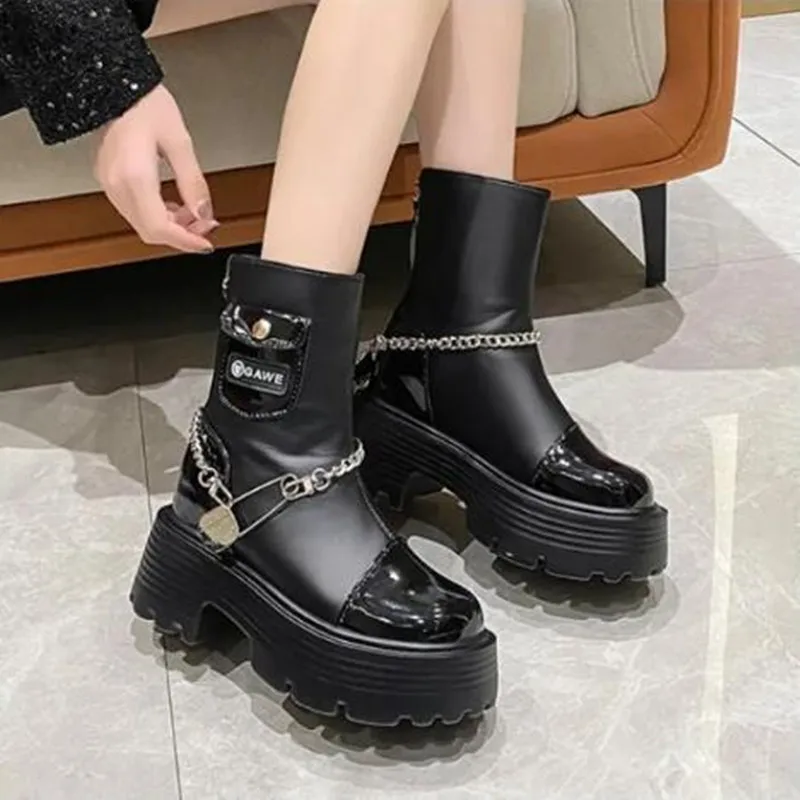 Bottes de rinçage à talons hauts épais pour femmes, bottes de moto à plateforme d'hiver, bottes en cuir PU coordonnantes, fermeture éclair, 9cm, nouveau, 2024