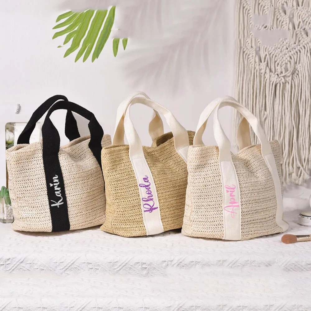 Custom Text Straw Woven Tote Bag Personalized Bridesmaid Gifts Bachelorette Party Favors Bridal Shower Bag Burlap Beach Bag