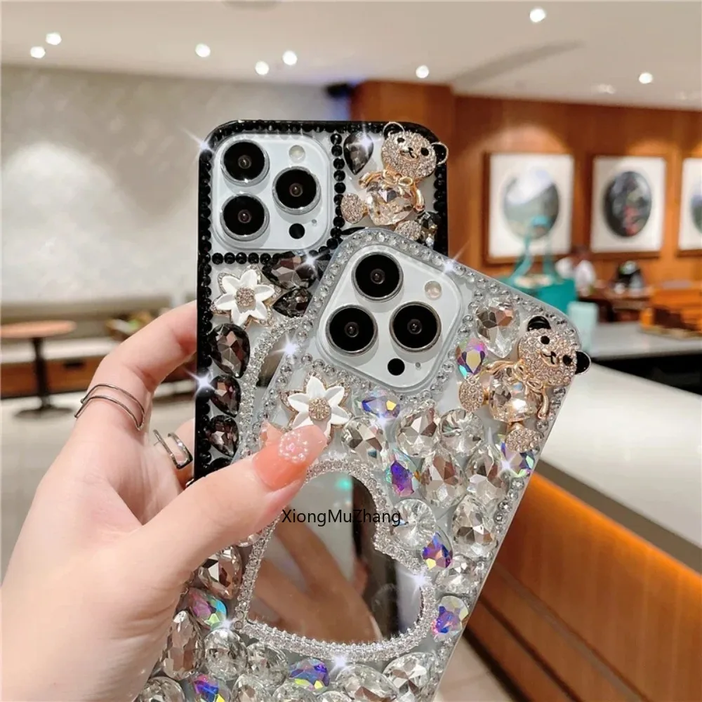 3D Bear Diamond Mirror Hand Strap Custom Case for Samsung S9 Plus S8 Plus S7 Edge for Galaxy Note 20 Ultra 10 Pro 10 Lite 9 8