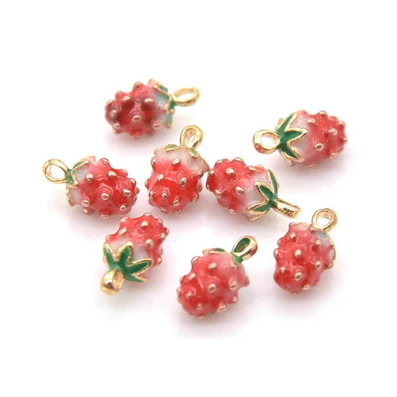 10pcs Alloy Metal Enamel Fruit Pendants 3D Strawberry Charms For DIY Earring Bracelet Necklace Jewerly Making Ornament