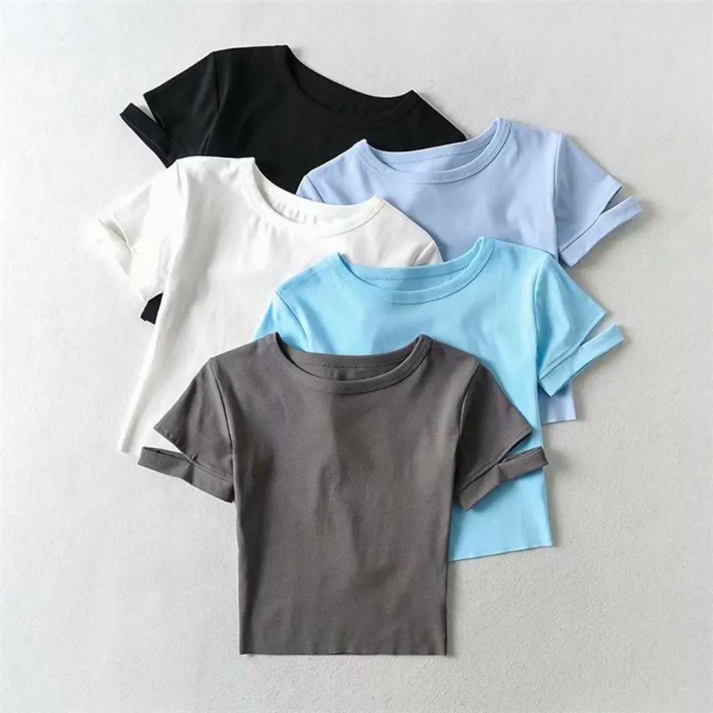 

YPFF Women's Slim-fit Short Sleeve T-shirt Solid Color European American Style Summer Top Small Neck Cuff Split Design
