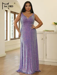 Missord-Mulheres roxo lantejoulas decote v vestido sem mangas, vestidos soltos linha A, vestido longo de baile, elegante vestido de casamento, plus size