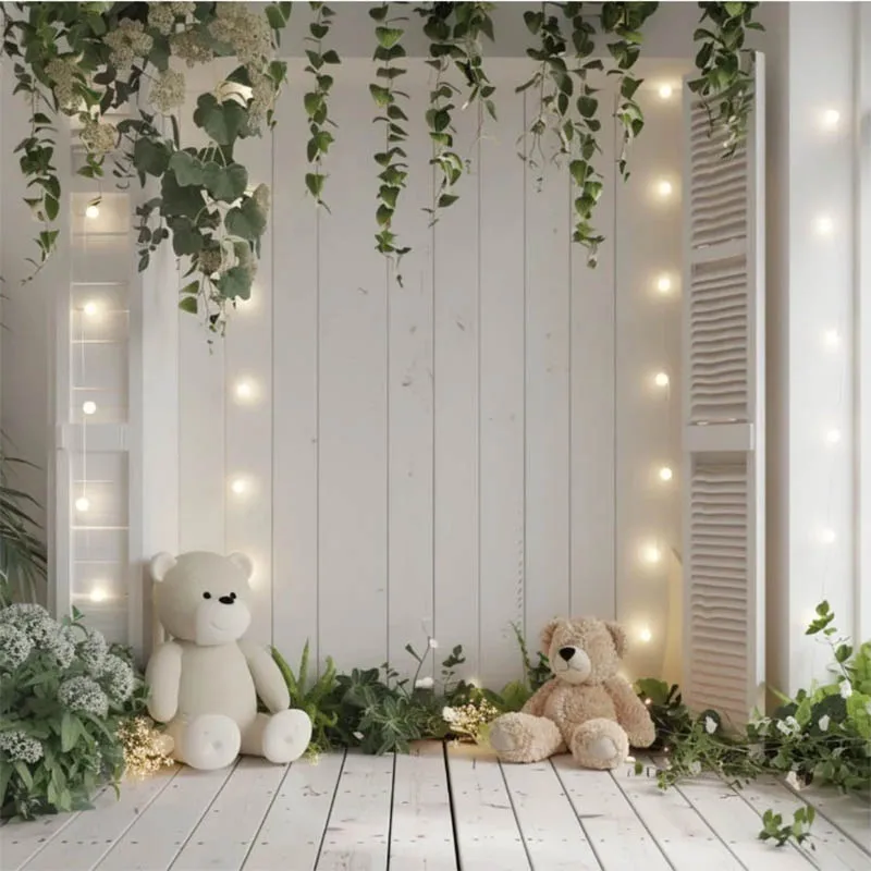 Mehofond 흰색 문 벽 사진 배경 봄 신생아 아이 생일 파티 출산 잔디 장난감 곰 장식 사진 배경