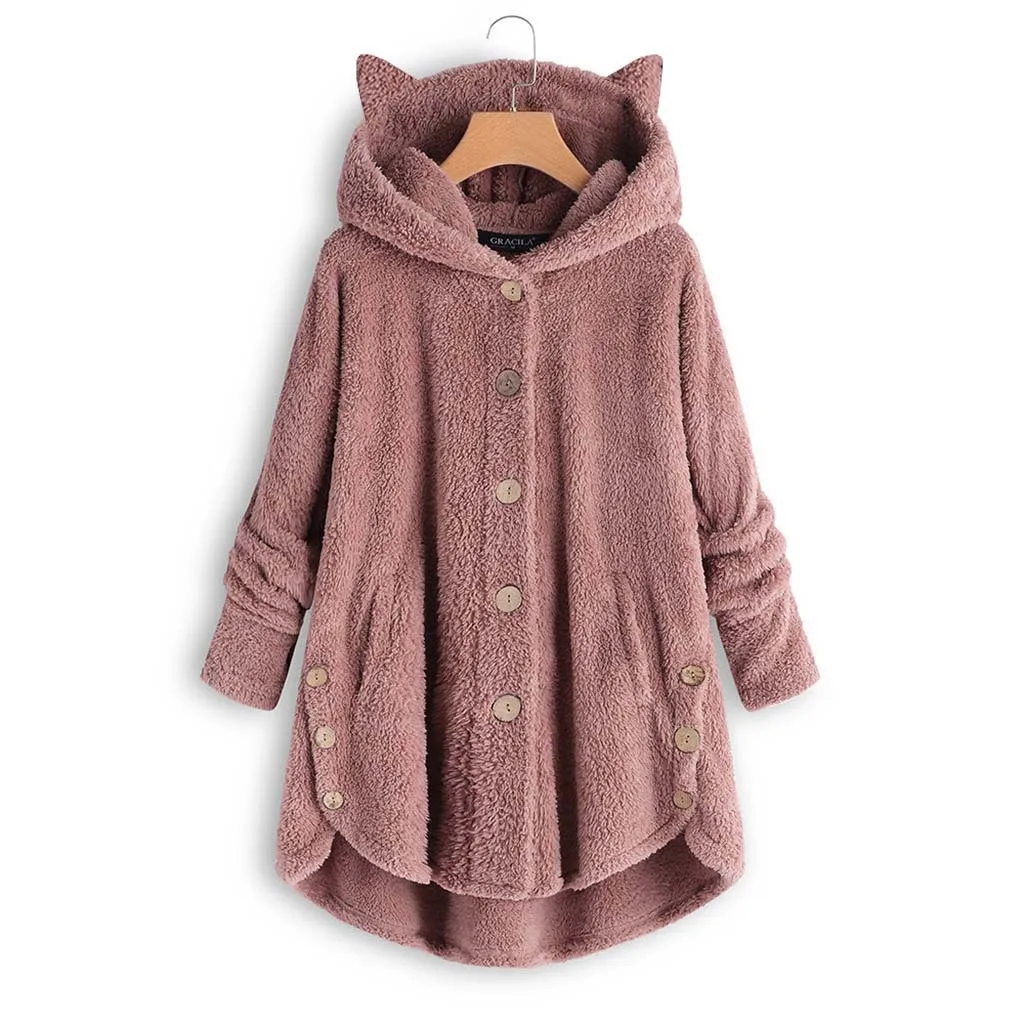 Button Hooded Cat\'s Ears Steamed Cat-ear Shaped Bread Plush Top Irregular Trendy Brand Solid Coat Women