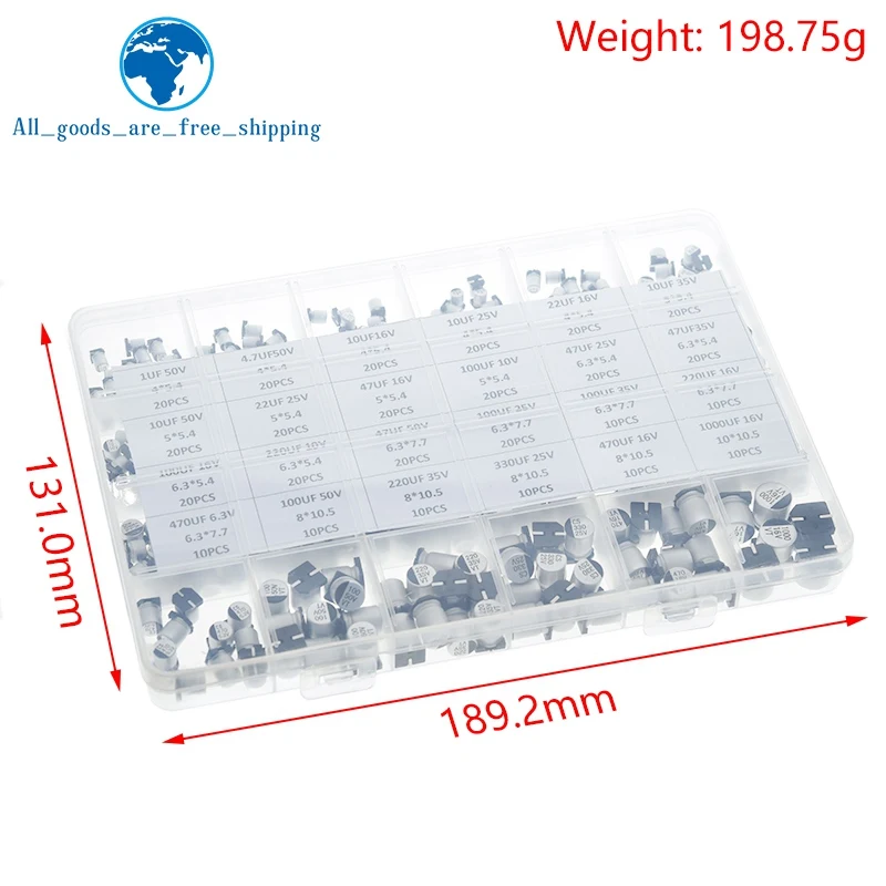 Imagem -03 - Kit e Caixa de Sortimento de Capacitores Eletrolíticos de Alumínio Tzt 1uf1000uf 6.3v50v 400 Pcs 24 Valor Smd