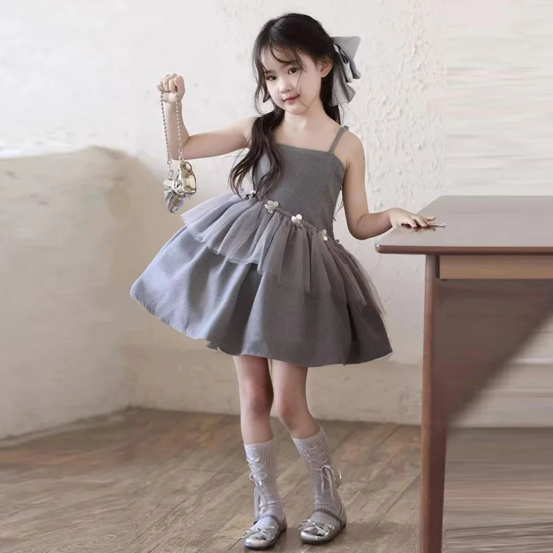 

Girls2026Summer new gray mesh patchwork floral dress for girls, elegant strap princess dress