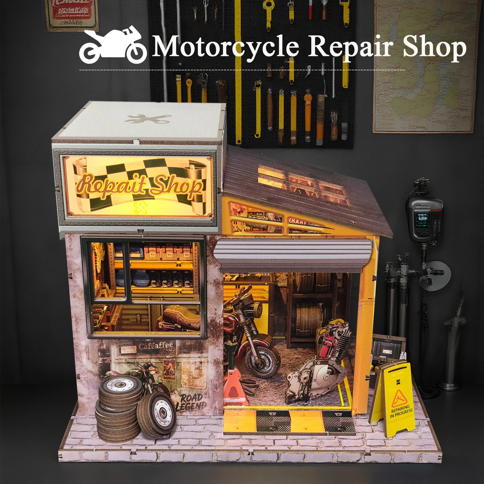 Kits de construção em miniatura de madeira, faça você mesmo, loja de reparos de motocicletas, casas de bonecas com móveis, casas de bonecas para amigos, presentes