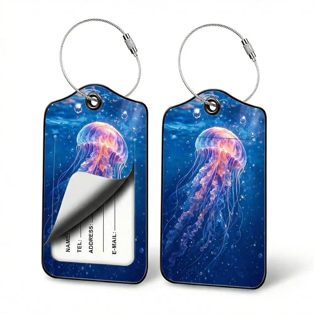 

Jellyfish Luggage Tags 2 Pack, Ocean Jellyfish PU Leather Travel ID Tags with Privacy Cover, Durable Bag Tags with Steel Wire
