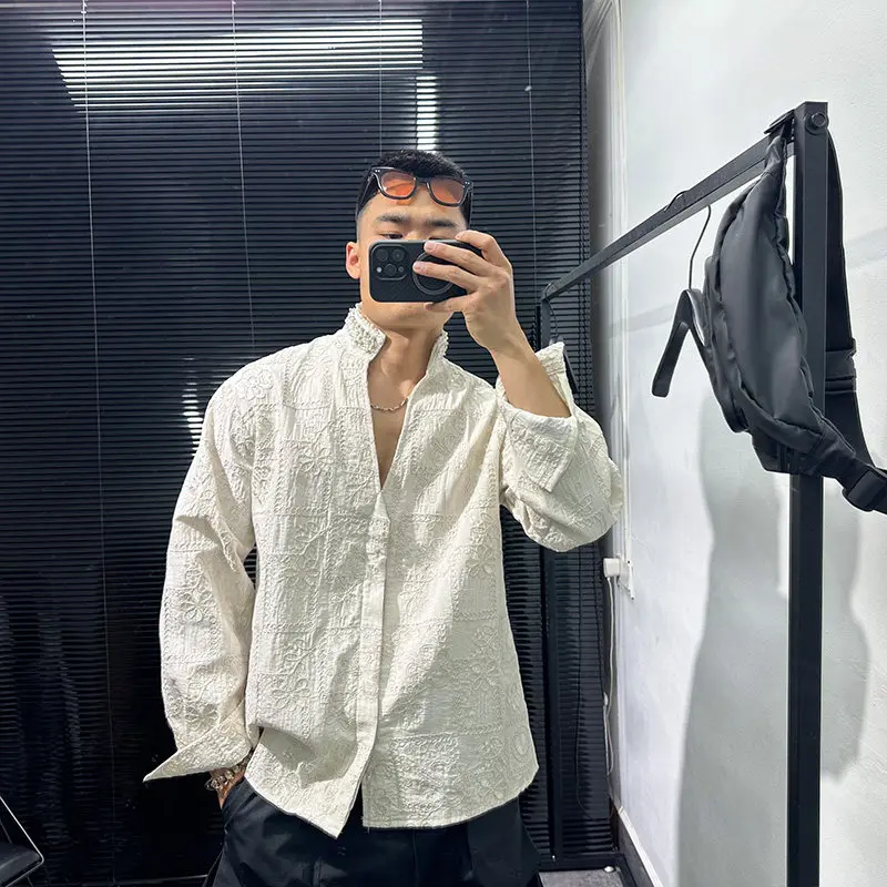 Dark High-Grade Embroidered Brocade Jacquard Handmade Pearl Stand Collar Long Sleeve Shirt for Men Retro Easy Matching Trendy