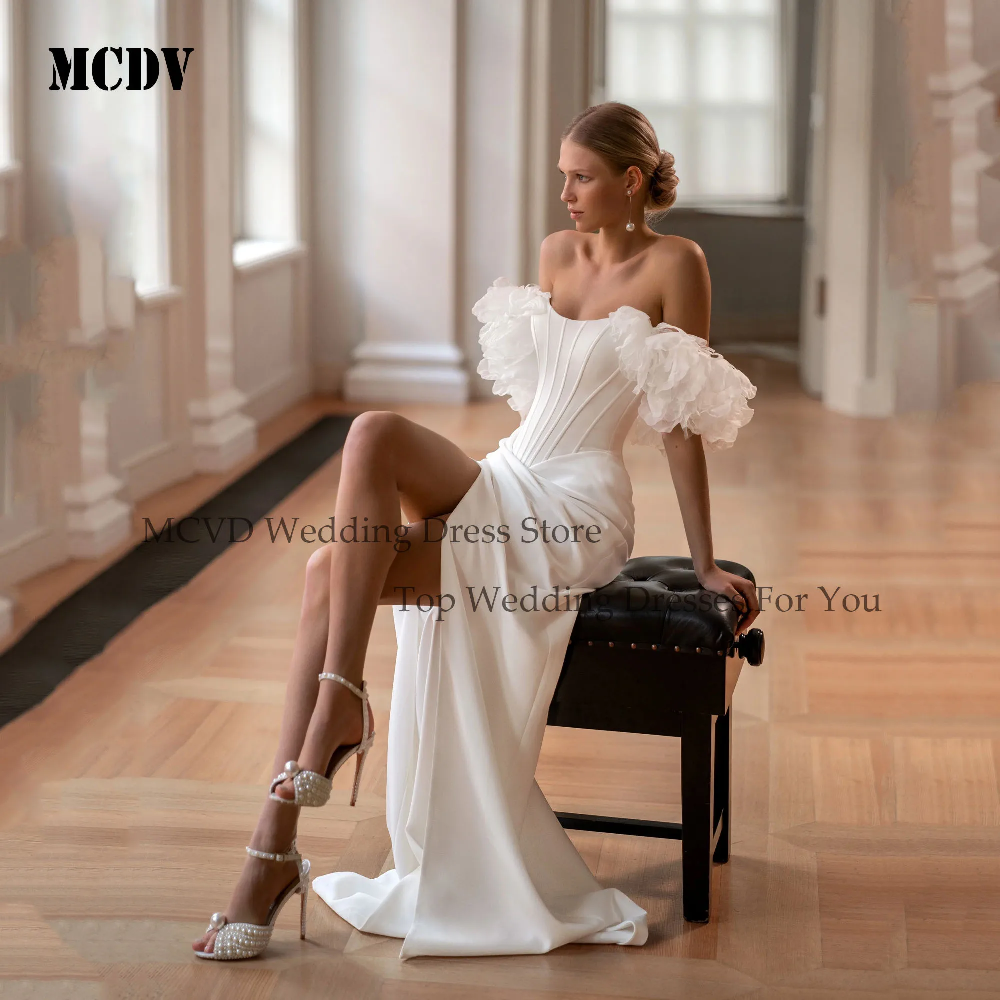 MCDV Flowers Strapless Mermaid Wedding Dresses 2025 Bride Off Shoulder Satin Bridal Party Gowns Customized vestidos de novia