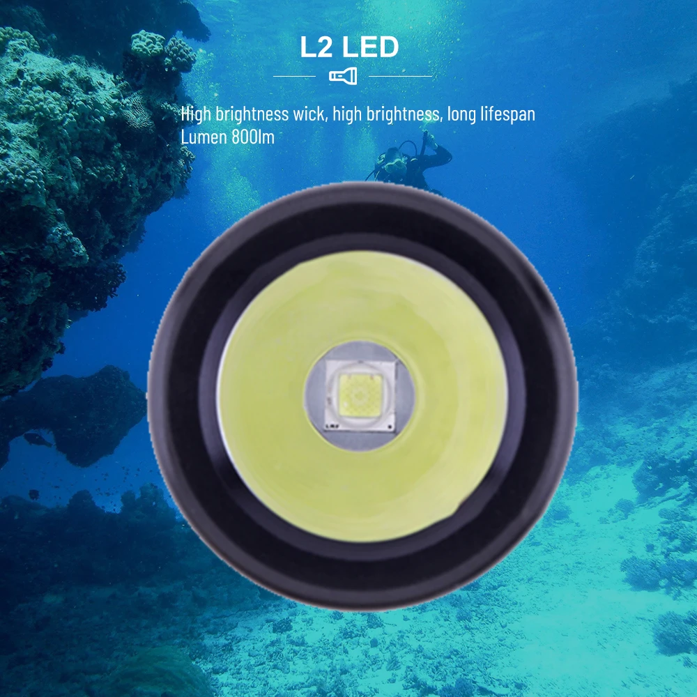 Asafee-linterna de buceo DM008, 80M, L2, LED, 800LM, IPX8, impermeable, interruptor giratorio, 1 modo, batería 14500