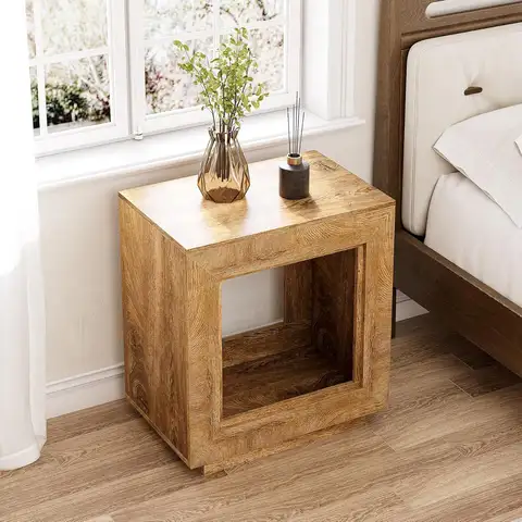 LITTLE TREE Sidobord, Fyrkantigt sidobord i trä, Sidobord i lantlig stil för soffa för vardagsrum, Sängbord med 2 våningar för sovrum 10 best sales sidobord i trä - №5