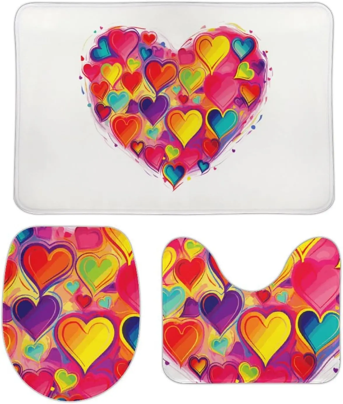 3 Piece Bath Rug Set Non Slip Absorbent Bath Mat Contour Mat with Toilet Lid Cover Colourful Heart Soft Floor Mats for Bathroom