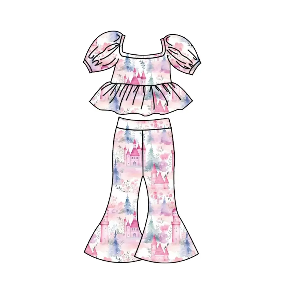 

New Girls Princess Castle Outfits Boutique Girls Cherry Bow Clothing Short Sleeve Top Bell Pants 2-Piece Set Customizable