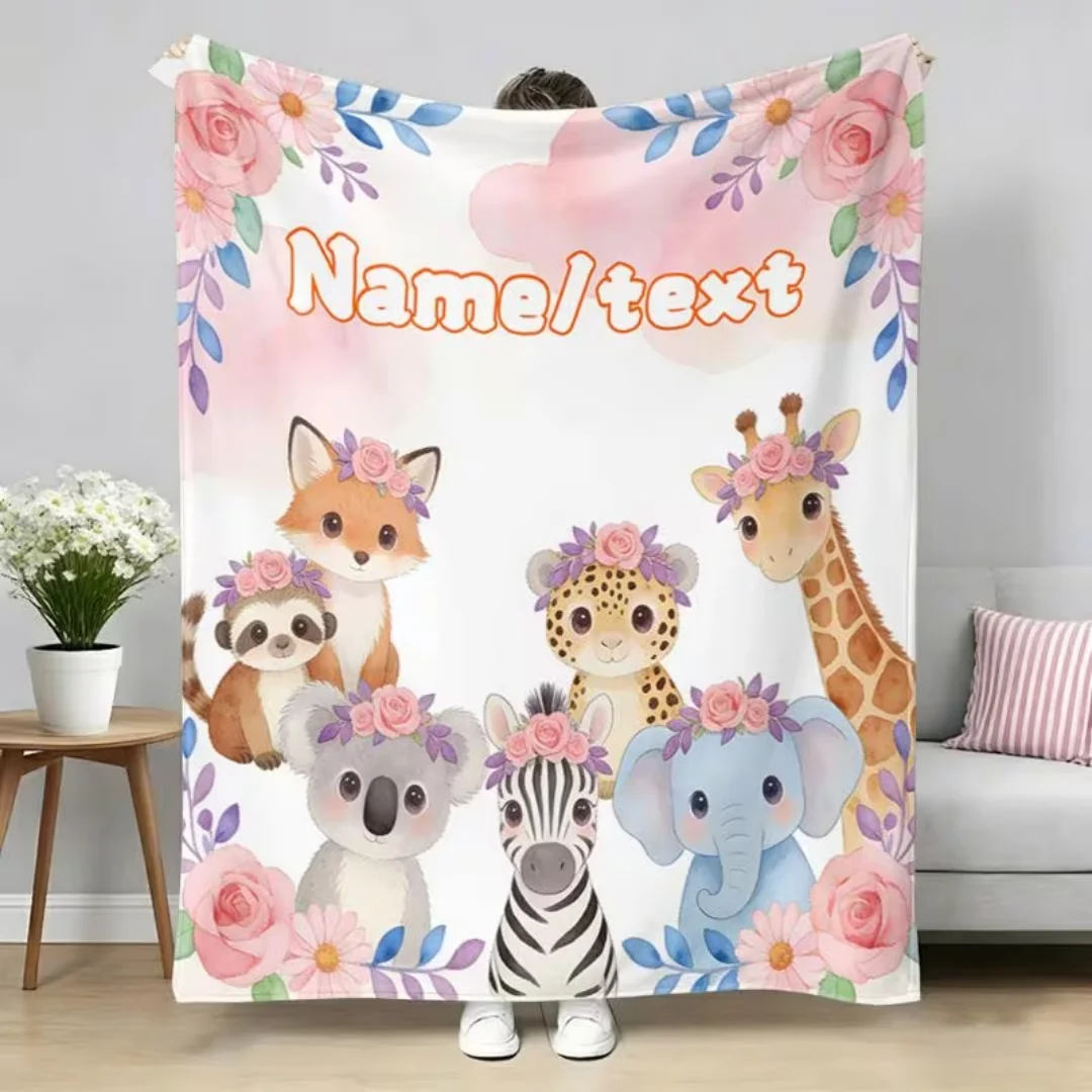 Custom Name Text Cute Jungle Animal Print Flannel Blanket, Giraffe Elephant Zebra Digital Print Soft Warm Throw for Sofa Bed Tra